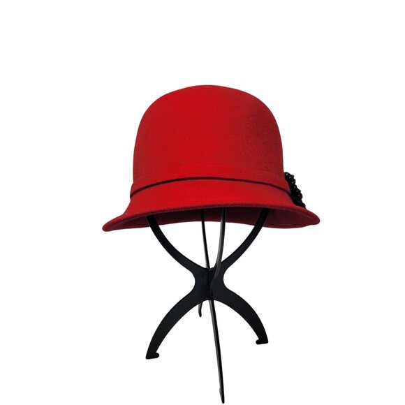 Galliano Sorbatti Red Wool Cloche Hat Italy Black Beaded Bow Flapper Retro - Picture 5 of 10